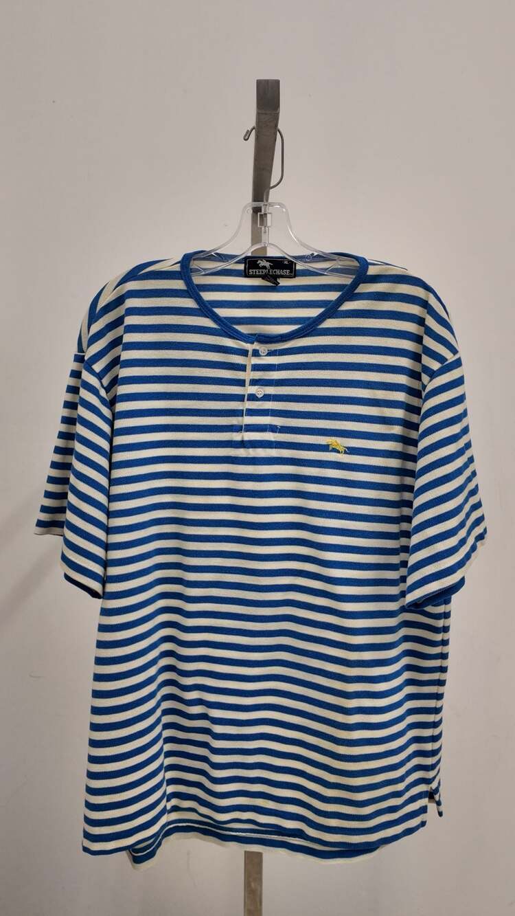 Vintage Steeplechase Striped Henley Shirt - Blue & White (Size XL)